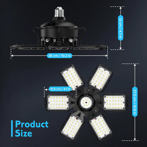Ultra Bright LED Garage Lights 2 Pack With 6 Plus 1 Adjustable Panels, 18000 Lumens, size dimensions in side and top view