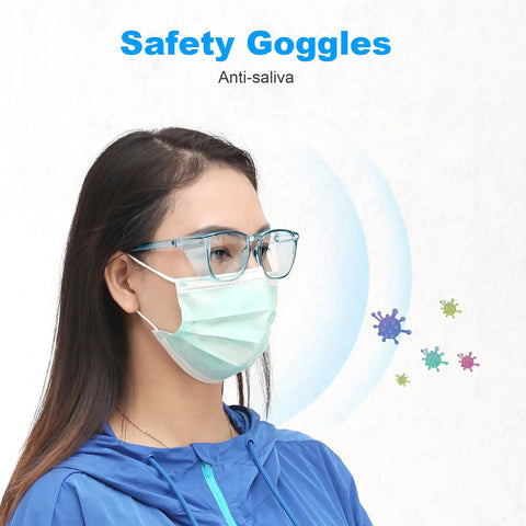 Woman wearing blue Three Pack Anti Fog Safety Goggles With Side Shields For Women And Men Clear Lenses Protective Eyewear.