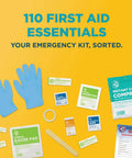 Amazon 110-piece Be Smart Get Prepared first aid kit; blue nitrile gloves, gauze pads, bandages on yellow background.