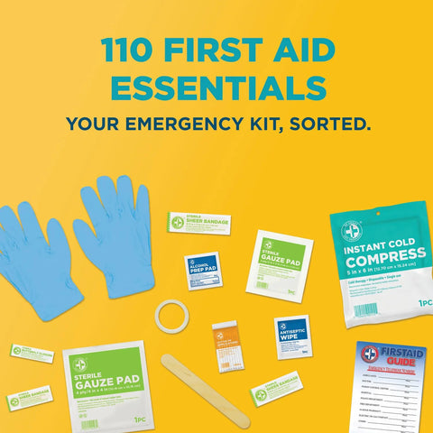 Amazon 110-piece Be Smart Get Prepared first aid kit; blue nitrile gloves, gauze pads, bandages on yellow background.
