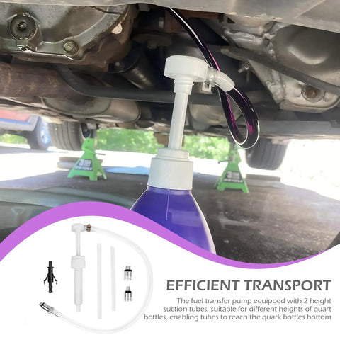 Heavy Duty Manual Transmission Fluid Pump Kit For Fast Gear Oil Exchange And Brake Bleeding with suction tubes under a car.