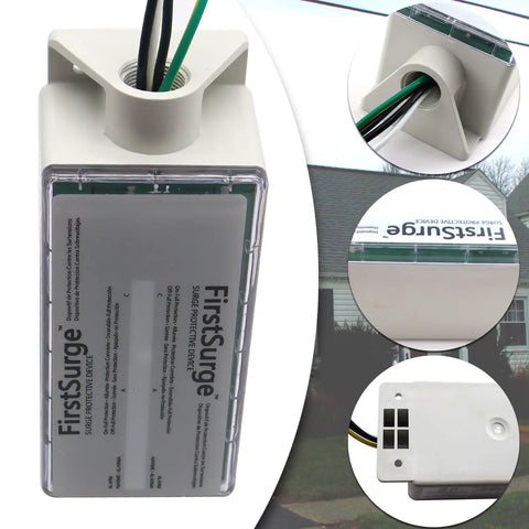 Whole House Surge Protector 140000 Amps SPD for 120V 240V Load Centers shown from various angles, showcasing design and installation features.