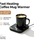 Rapid Heat Electrically Heated Coffee Mug Warmer With 16oz Stainless Steel Cup And Temperature Control Smart Heater on a black base.