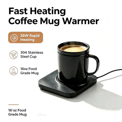 Rapid Heat Electrically Heated Coffee Mug Warmer With 16oz Stainless Steel Cup And Temperature Control Smart Heater on a black base.