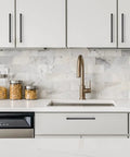 20 Pack Square Drawer Pulls 7.5 Inch Matte Black Cabinet Handles Zinc Construction Durable Modern Kitchen Hardware With Center Hole Spacing Fits 7.5 Inch Cabinets Easy Install Replacement For Drawer Dressers Wardrobes installed on white kitchen cabinets.