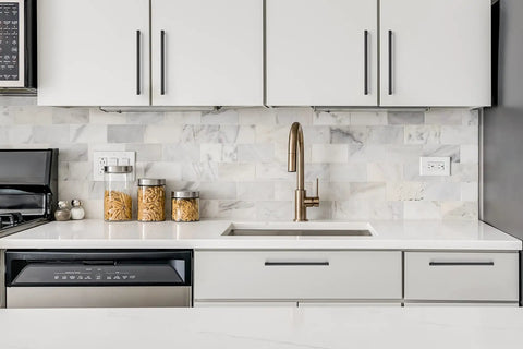 20 Pack Square Drawer Pulls 7.5 Inch Matte Black Cabinet Handles Zinc Construction Durable Modern Kitchen Hardware With Center Hole Spacing Fits 7.5 Inch Cabinets Easy Install Replacement For Drawer Dressers Wardrobes installed on white kitchen cabinets.