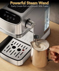 No Fuss Barista Style Shots At Home With This Compact Stainless Steel Espresso Maker Featuring 20 Bar Pressure Integrated Steam Frother And Roomy 45 Oz Water Tank For Silky Lattes, showing powerful steam wand and frothing pitcher.