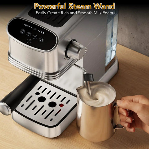 No Fuss Barista Style Shots At Home With This Compact Stainless Steel Espresso Maker Featuring 20 Bar Pressure Integrated Steam Frother And Roomy 45 Oz Water Tank For Silky Lattes, showing powerful steam wand and frothing pitcher.