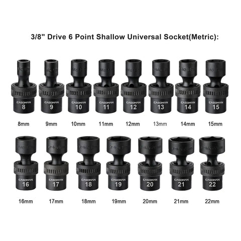 15 Piece 3/8 Inch Drive Universal Impact Socket Set, 6-Point Metric, 8mm To 22mm, Flex Socket Design For 360 Degree Angling, Heavy Duty Chrome Molybdenum Steel With Black Oxide Finish