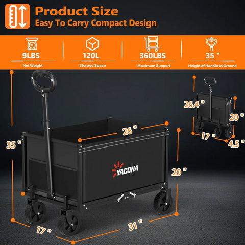 3 In 1 Foldable Wagon Cart With All Terrain Wheels For Heavy Duty Hauling displayed with dimensions, 360 lbs capacity