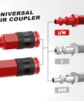 Universal Air Coupler And Plug Kit With Quarter Inch Threads And 36 Aluminum Fittings For Air Compressors, showing red connectors.