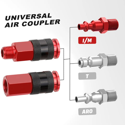 Universal Air Coupler And Plug Kit With Quarter Inch Threads And 36 Aluminum Fittings For Air Compressors, showing red connectors.
