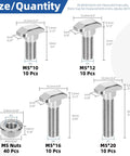Kickass M5 T Slot Drop In Bolts With Hexagon Flange Nuts 80 Pc Kit showing bolt sizes 10, 12, 16, 20 mm for Euro 20 profiles.