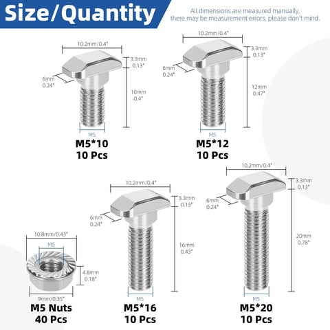 Kickass M5 T Slot Drop In Bolts With Hexagon Flange Nuts 80 Pc Kit showing bolt sizes 10, 12, 16, 20 mm for Euro 20 profiles.