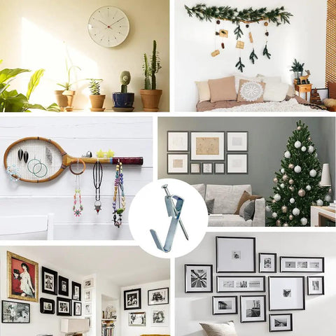 117 Piece Picture Hanging Kit Featuring Heavy Duty Rock Steady Hooks Rated 30 50 And 100 Pounds For Drywall Wood Or Plaster Walls Includes Complete Set For Frames Mirrors And Gallery Decor No Sweat Setup arranged in varied home decor settings.