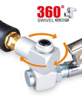 Close-up of Three Piece 360 Degree Swivel Air Hose Connectors Kit With One Quarter Inch NPT Male And Female Threads Aluminum Air Fittings for flexible use.