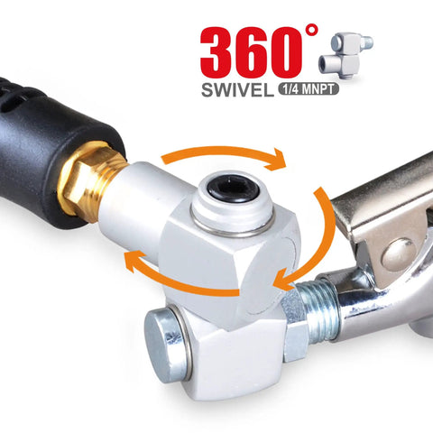 Close-up of Three Piece 360 Degree Swivel Air Hose Connectors Kit With One Quarter Inch NPT Male And Female Threads Aluminum Air Fittings for flexible use.