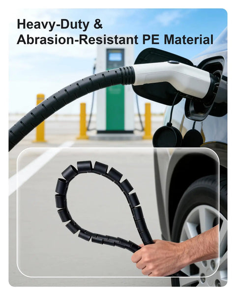Tough As Nails EV Charger Cable Protector Featuring Flexible Wire Sleeve and Anti Wear Guard, 7/8 inch diameter, heavy-duty design.