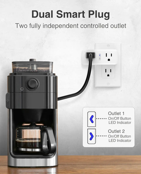 Dual Smart Plug 15A That Works With Alexa And Google Home, plugged into wall controlling a coffee maker with app timer