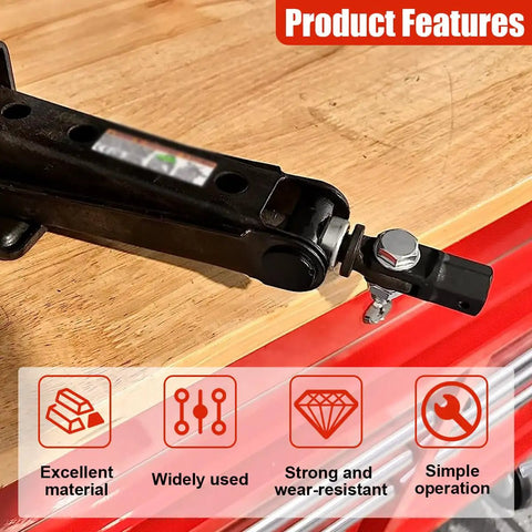 Heavy Duty Scissor Jack Drill Adapter For Vehicles Boost Your Repair Game With This Beefy Carbon Steel Lift Attachment shown on a table.