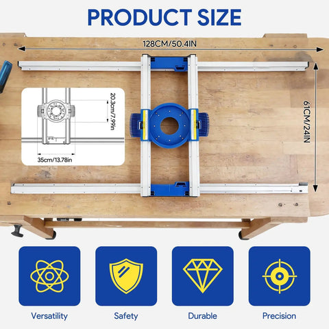 Top view of Pro Grade 50 Inch Benchtop Board Slab Flattening Jig with adjustable router sled, showing size and features.