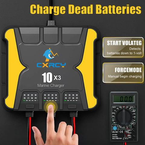 Person operating Three Bank 12V Battery Charger With 30A Total Output, showing display and mode switches, with voltmeter.