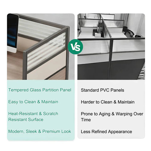 Comparison of tempered glass partition panel vs standard PVC panels for Boss Tier Modular Office Cubicle Workstation Desk.