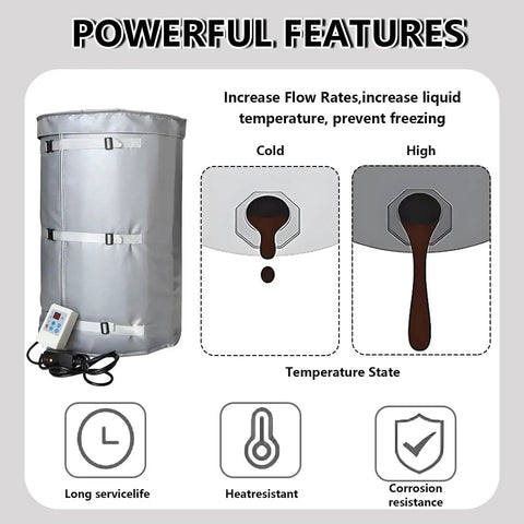 Industrial Oil Drum Heater Blanket With Adjustable Thermostat For 275 Gallon Tanks And Pipes, features showing heating effects.