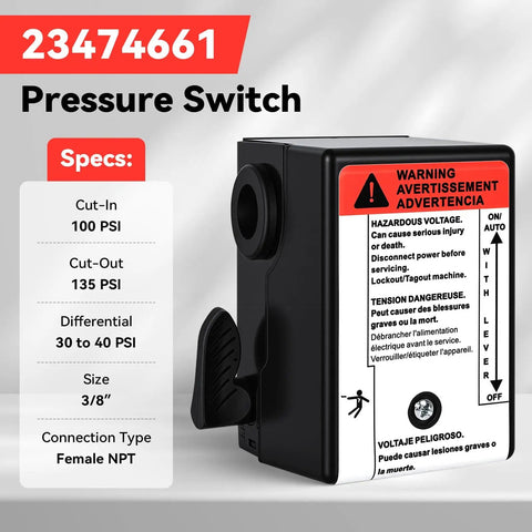 Side view of Air Compressor Pressure Switch 100/135 PSI With Built-In Unloader Valve 3/8 NPT Replacement For SS3 SS4 SS5