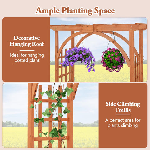 Wood Garden Arbor Archway Pergola 84 Inch Outdoor Structure with decorative hanging roof and side climbing trellis for plants.