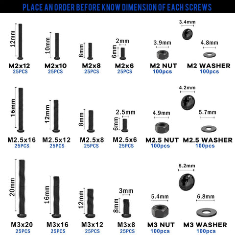 Diagram showing All In One 900 Piece Round Head Screws Kit M2 M2.5 M3 Bolts Nuts Washers Phillips Drive with sizes