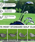 Golf club set in bag with driver, fairway woods, irons, and wedges; compatible with grip trainer and swing correcting arm band combo.