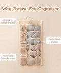 Game Changing Double Sided Hanging Closet Rod Organizer For Bras Underwear And Socks Storage Featuring Multi Grid Pockets, clear mesh pockets.
