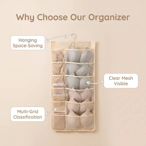 Game Changing Double Sided Hanging Closet Rod Organizer For Bras Underwear And Socks Storage Featuring Multi Grid Pockets, clear mesh pockets.