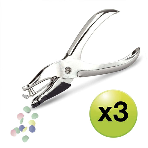 Three Pack Single Hole Punch Pliers Set With 10 Sheet Capacity, Silver Finish, Ergonomic design for ID cards and crafts, pack of 3