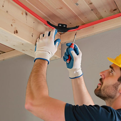 Person installing 20 Pack One Half Inch PEX Tubing Bend Support 90 Degree Elbow Clamp With Nail Tab under wooden ceiling.