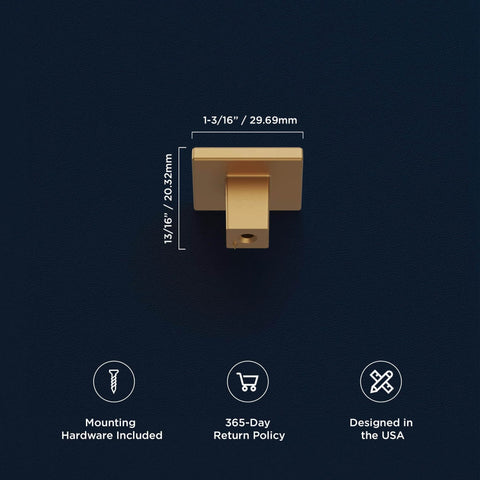 Square Cabinet Knob Set 10 Pack In Brushed Brass One And Three Sixteenths Inch For Kitchen Cabinets Dressers And Bathroom Drawers By Hickory Hardware Go To Modern Hardware Upgrade With Durable Metal Construction And Easy Install front view with measurements.