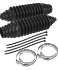All In One Steering Rack And Pinion Boot Kit With Silicone Bellows Gaiters For Tie Rods Includes 2 Boots 4 Locking Clamps And 6 Cable Ties For Quick Secure Install And Clean Pro Grade Heavy Duty Protection showing black boots, clamps, and ties