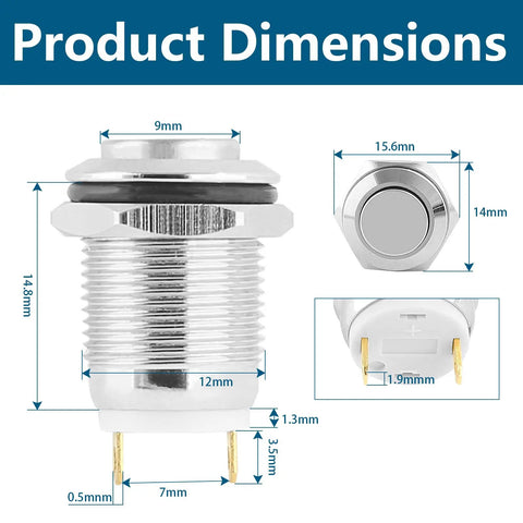 Dimensions of Six Pack 12mm Momentary Push Button Switches 2 Pin SPST 1NO Aluminum Alloy Round Shell IP66 Waterproof