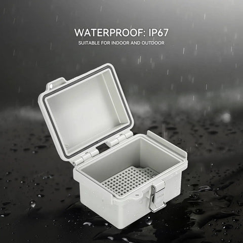Rugged Outdoor Junction Box IP67 Waterproof With Hinged Gray Cover And Stainless Steel Latch, Built Tough With Mounting Plate, Wall Brackets, DIN Rail Ready Interior For Terminal Blocks, Relays, And Power Supplies, 120x90x70mm open in rain