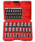 Open red case displaying 25 Piece Screw Extractor Set With Multi Spline Design For Chrome Moly Bolt Remover Removes Broken Studs Bolts And Socket Screws Durable High Hardness Steel Easy Out Kit For Quick No Fuss Fixes.