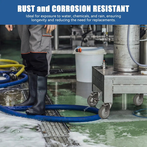Rock Solid Workhorse 4 Inch Stainless Steel Casters with thermoplastic rubber wheels in a wet lab environment.