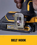 20V Max Cordless Impact Driver With One Quarter Inch Chuck Ultra Compact Five Point One Inch Length Seventeen Hundred Inch Pounds Of Torque Tool Only Fits In Tight Spots And Precise Control shown with belt hook in hand
