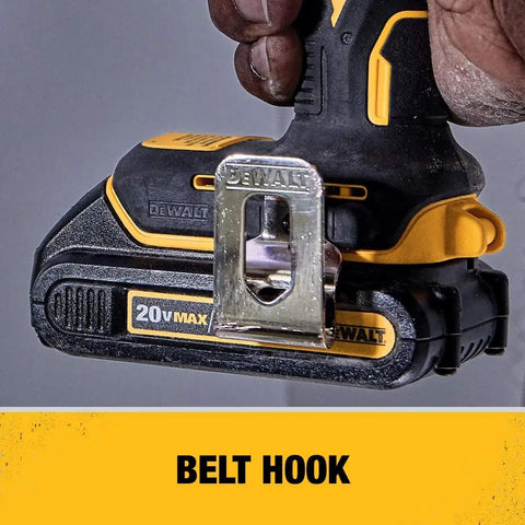 20V Max Cordless Impact Driver With One Quarter Inch Chuck Ultra Compact Five Point One Inch Length Seventeen Hundred Inch Pounds Of Torque Tool Only Fits In Tight Spots And Precise Control shown with belt hook in hand