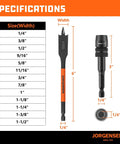 Jorgensen 14-piece spade drill bit set with quick-load connector for woodworking; sizes 1/4 to 1-1/2 in (front view)