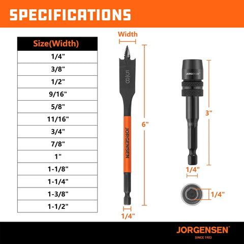 Jorgensen 14-piece spade drill bit set with quick-load connector for woodworking; sizes 1/4 to 1-1/2 in (front view)