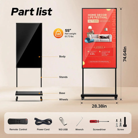 55 Inch Straight Fire Storefront Digital Signage Display with stands, base, and wheels for commercial use.