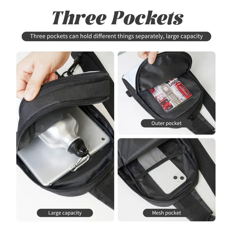 Flame Bird Camping Sling Bag For Men And Women showing three pockets with items; tablet in main, cards in outer, phone in mesh.