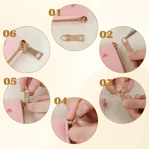 Steps installing Six Piece Gold Zipper Pull Replacement Set in Gold Zinc Alloy for luggage, backpacks, jackets, and coats repairs.