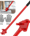 Heavy Duty Reverse Head Rebar Bender For 5/8 Inch Metal Rods with gloves, red steel design for bending rods at 90 degrees.